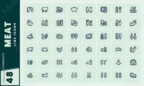 Collection of meat line icons for butcher shop or grocery store