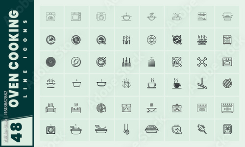 Collection of oven cooking line icons for food and kitchen