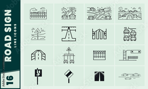 A set of road sign line icons for traffic and transportation guidance