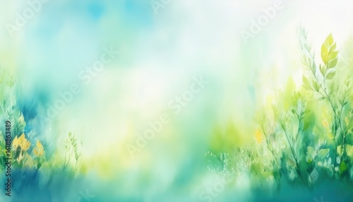 sunlit watercolor foliage with soft green leaves and blue sky background ideal for spring nature design or eco website banner

