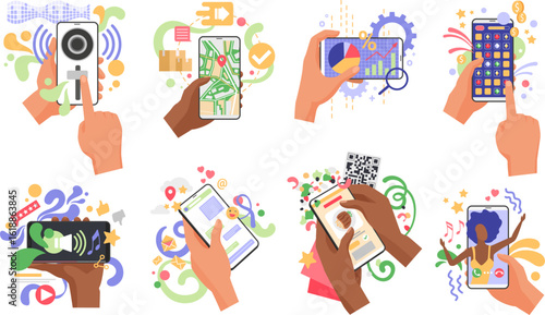 Hands of mobile phone users share and read blog content set vector illustration. Cartoon millennial people work online, listen to music, write chat messages isolated on white. Internet concept