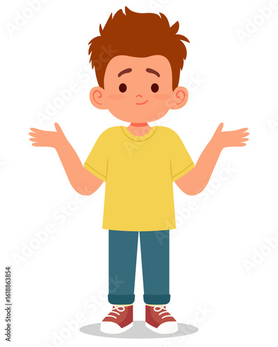 Cute boy character shrugging with a confused or uncertain expression, standing with arms raised in a DONT KNOW gesture. Perfect for educational materials, childrens books, emotion charts, apps