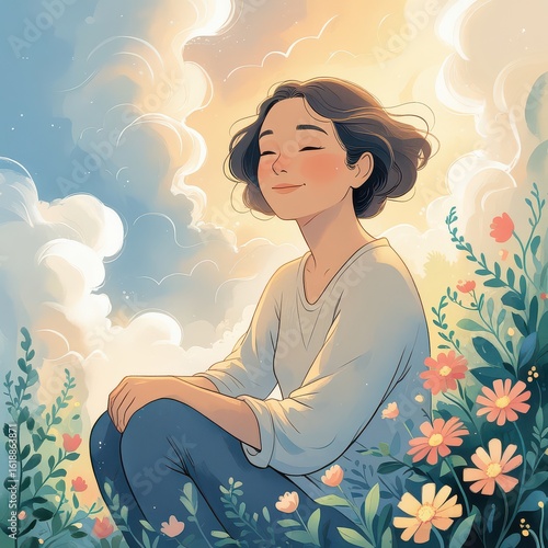 Woman sitting in flowers with eyes closed against a cloudy sky art