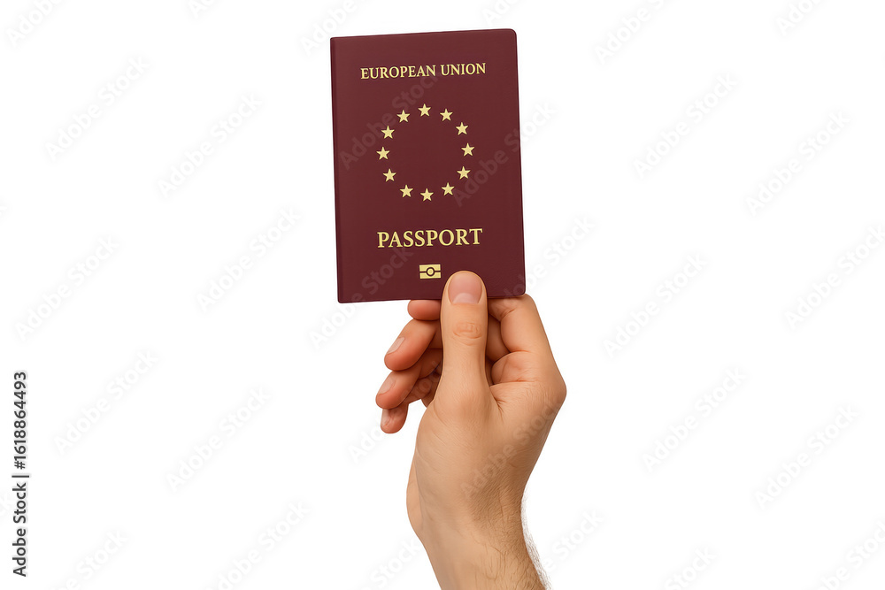 Hand holding European Union passport with transparent background Hand holding European Union passport with transparent background