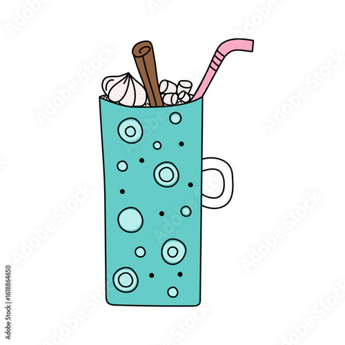 Cup, mug with dessert. Sweet, hot drink. Drawing, doodle. Delicious cocoa-milk dessert in mugs with marshmallows.