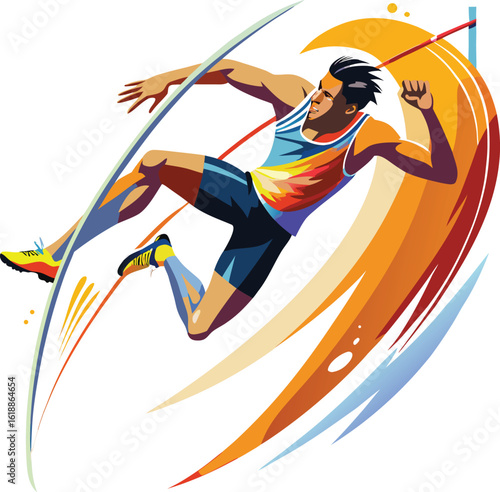 Athlete pole vaulting over bar with dynamic abstract background jumping sports