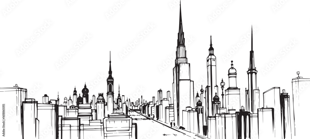 Fototapeta premium City landscape. Different buildings on street, outline cityscape hand sketch, flat houses. Hand drawn vector illustration