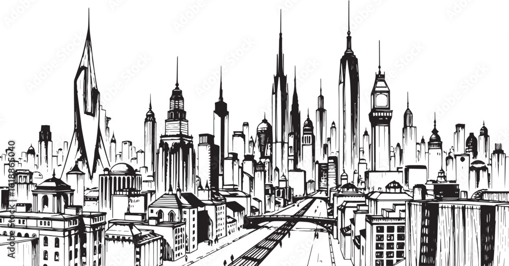 Fototapeta premium City landscape. Different buildings on street, outline cityscape hand sketch, flat houses. Hand drawn vector illustration