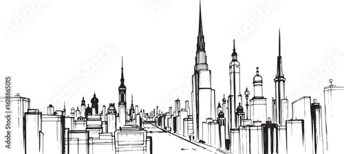 City landscape. Different buildings on street, outline cityscape hand sketch, flat houses. Hand drawn vector illustration