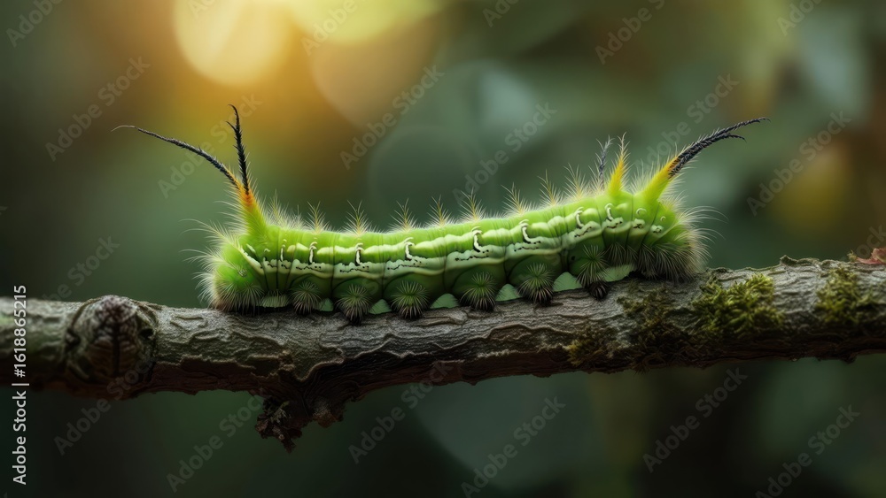 Naklejka premium Green caterpillar on branch (1)