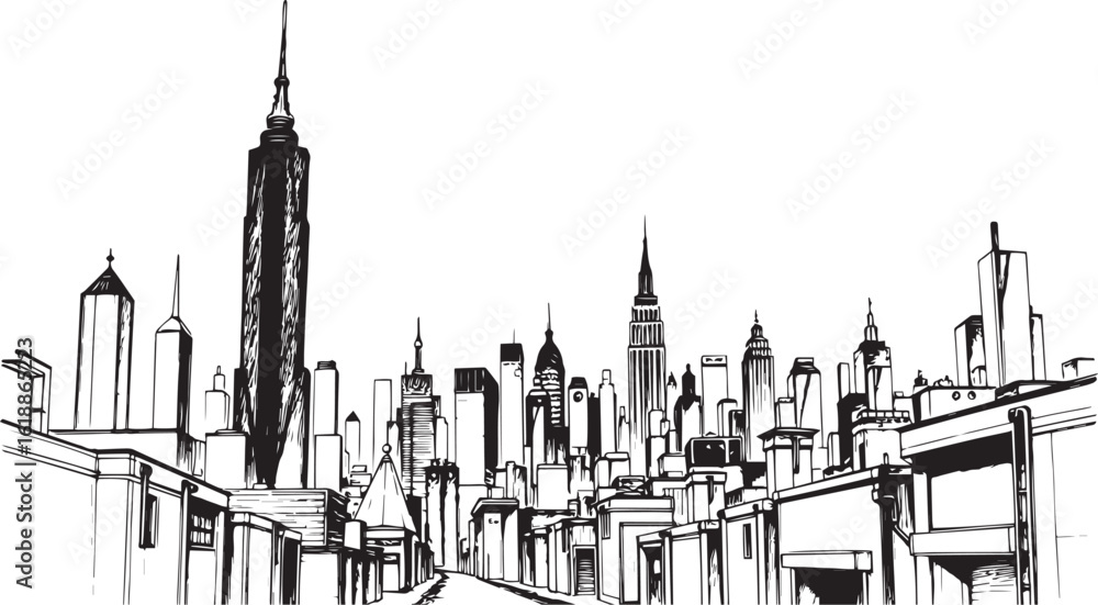 Fototapeta premium City landscape. Different buildings on street, outline cityscape hand sketch, flat houses. Hand drawn vector illustration