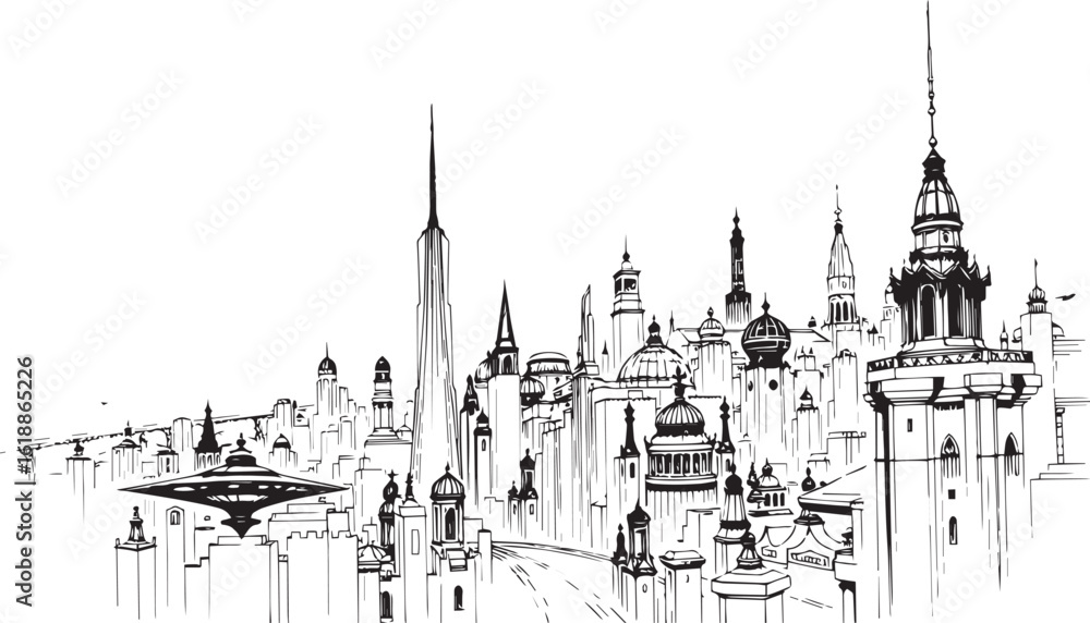 Fototapeta premium City landscape. Different buildings on street, outline cityscape hand sketch, flat houses. Hand drawn vector illustration