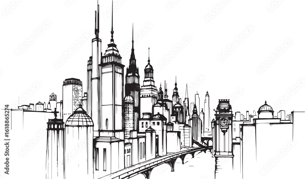 Fototapeta premium City landscape. Different buildings on street, outline cityscape hand sketch, flat houses. Hand drawn vector illustration