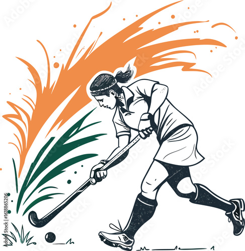Field hockey player action dynamic motion orange green abstract woman sport