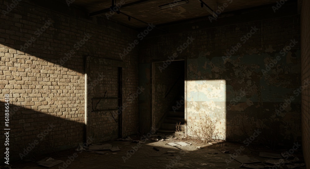 Fototapeta premium Eerie abandoned building interior with sunlight streaming through openings and decayed brick walls