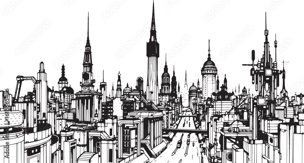 Fototapeta premium City landscape. Different buildings on street, outline cityscape hand sketch, flat houses. Hand drawn vector illustration