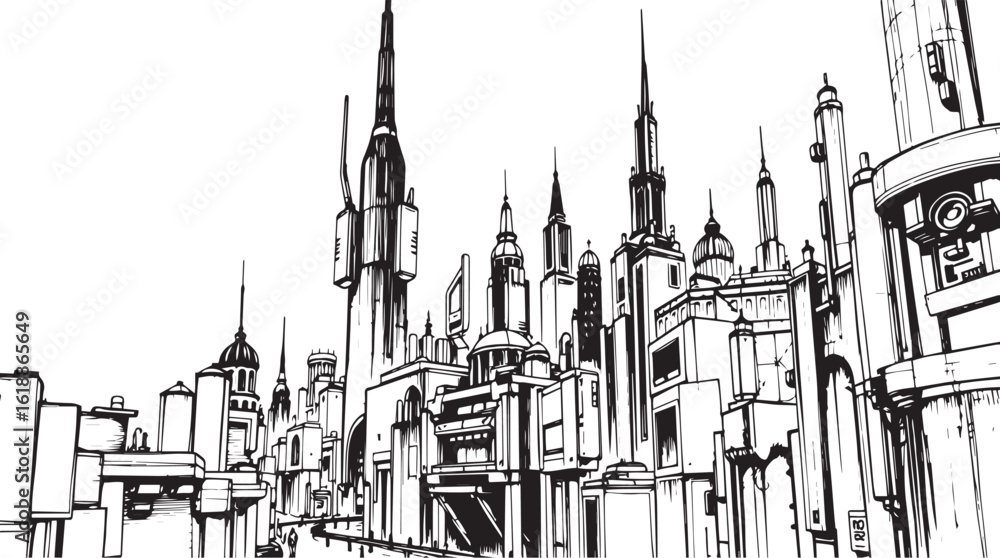 Obraz premium City landscape. Different buildings on street, outline cityscape hand sketch, flat houses. Hand drawn vector illustration