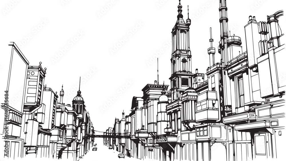 Fototapeta premium City landscape. Different buildings on street, outline cityscape hand sketch, flat houses. Hand drawn vector illustration