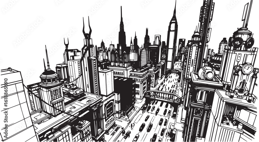 Fototapeta premium City landscape. Different buildings on street, outline cityscape hand sketch, flat houses. Hand drawn vector illustration