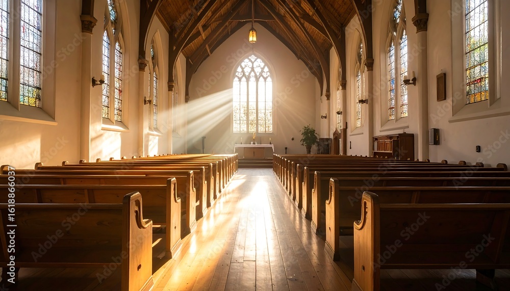 Fototapeta premium Sunlight streams through stained glass windows in a church