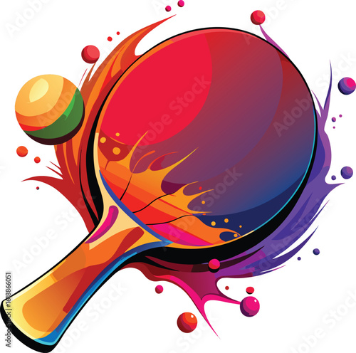 Vibrant ping pong paddle and ball with colorful splashes table tennis sport