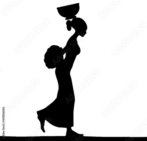 Silhouette of a woman balancing a basket on her head and carrying a large bag