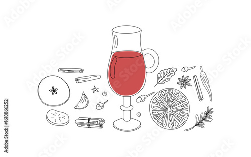 Mulled wine. Drink glass, ingredients, recipe. Wine drink, spice linear icons. Restaurant drink card, menu, culinary master class on winemaking.