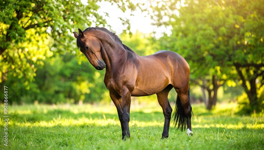 Fototapeta premium Horse in a lush green field bathed in sunlight