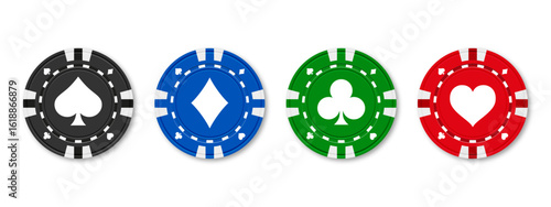 Poker and casino chips. Isolated realistic casino poker chips. Poker symbols with spades, hearts, diamonds, clubs. Playing gambling chips concept. Vector illustration.