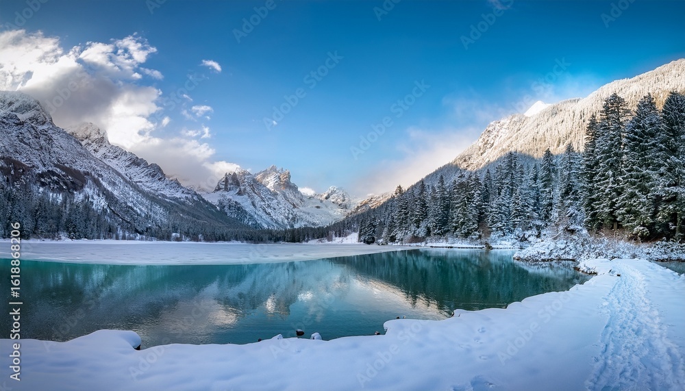 Fototapeta premium serene winter landscape with mountains and evergreen trees adorned with butterflies in the sky