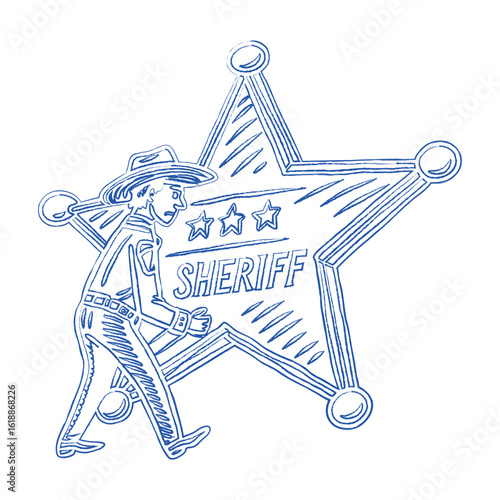 Wild West sheriff badge illustration. Hand-drawn vector sketch of a walking cowboy lawman. Vintage Western frontier justice symbol for a poster or t-shirt design.