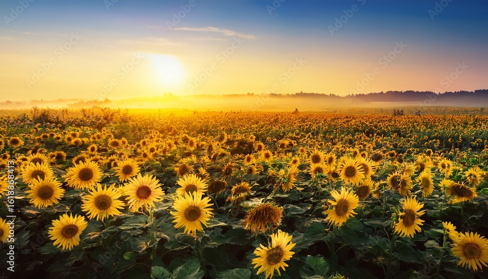 Obraz premium sunflower field at sunrise with bright yellow flowers in bloom