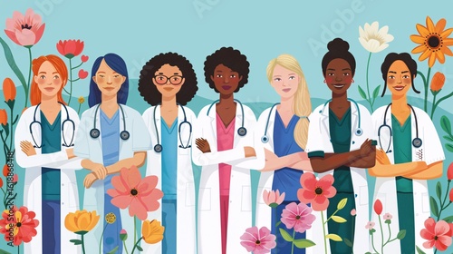 Diverse Group of Female Doctors and Nurses Standing Together with Flowers, Celebrating Women in Healthcare and Medical Professionals