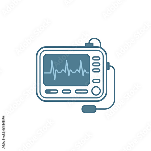 Simplified Blue Medical Defibrillator Illustration for Emergency Cardiac Care and Vital Sign Monitoring in Healthcare Settings