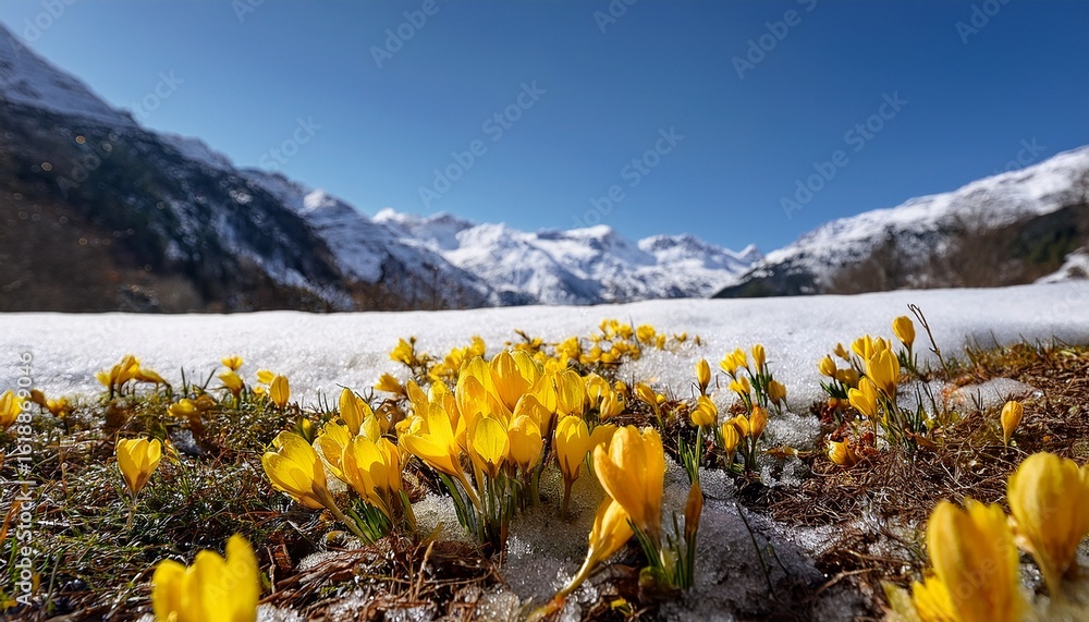 Obraz premium yellow flowers emerge from the melting snow signaling the arrival of spring their vibrant color represents hope and renewal during the sacred month of ramadan