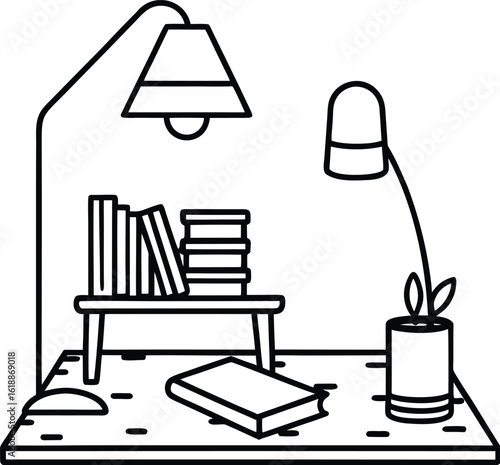 cozy study nook with warm rug lamp and books