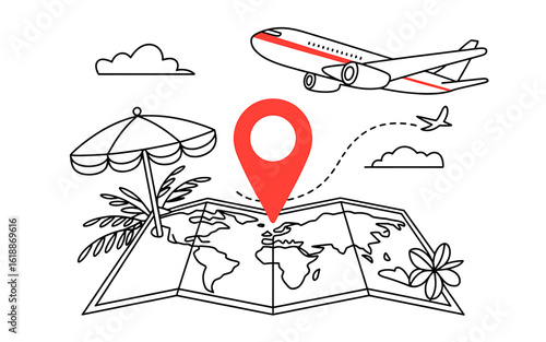 World travel destination planning with map airplane and beach umbrella concept for vacation adventure and tourism marketing