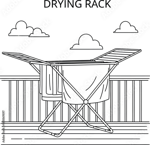 Line art illustration showcases a drying rack with clothes, set against a backdrop of clouds and a fence, perfect for laundry or household themes and conveying simplicity.