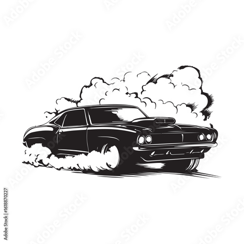Smoking Car silhouette, Dynamic Sports Car Drifting with Smoke in Monochrome Style Illustration, vector silhouette illustration of high speed racing car with smoke behind