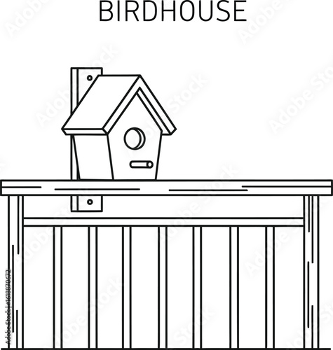 A charming line art illustration showcases a birdhouse perched atop a wooden fence, perfect for nature enthusiasts and design projects needing a touch of rustic simplicity and avian themes.