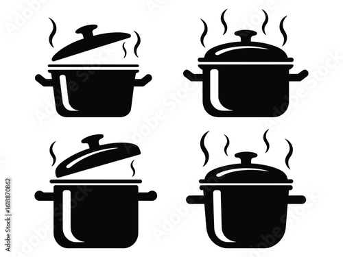 Cooking pot silhouette icon.Delicious cooking time illustrated with black pots and steam, perfect for culinary blogs or recipe cards.Grill Icon Illustration In Flat Style 