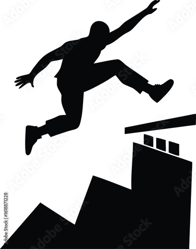Silhouette of a person jumping over a gap between industrial buildings factory