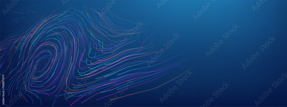 Abstract AI Data Flow Background with Tech Pattern and Digital Line Network. Futuristic 3D Vector Design for Business Concept or Cyber Finance Visualization. Neon Blue Circle Connection with Virtual.