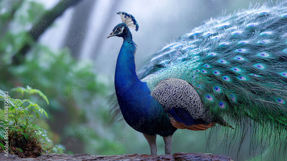 Fototapeta premium Peacock with fully fanned tail standing in a lush dewy garden under soft rain