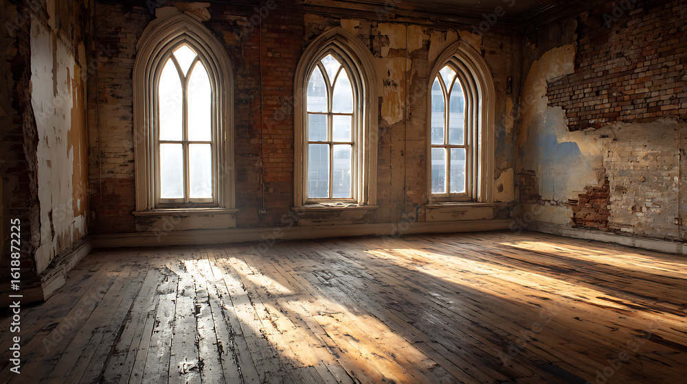 Fototapeta premium Abandoned interior with arched windows and distressed wooden floor room empty
