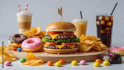 Assortment of unhealthy food includes double cheeseburger, french fries, donuts, soda drinks, candy. High carbohydrate, sugar, fat content makes items detrimental to health. Obesity, diabetes, poor