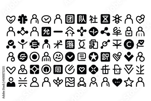 A grid of diverse hand drawn icons featuring people hearts checks and abstract symbols representing community connection and individuality in a simple black and white design