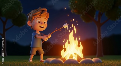 3D cartoon of a boy roasting marshmallows over a campfire at night