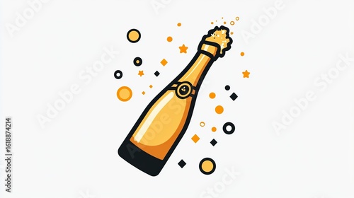 A single vector icon of a champagne bottle popping, bold black outline, flat colors, 