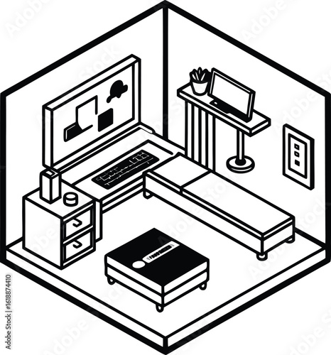 dorm room in isometric style with music posters